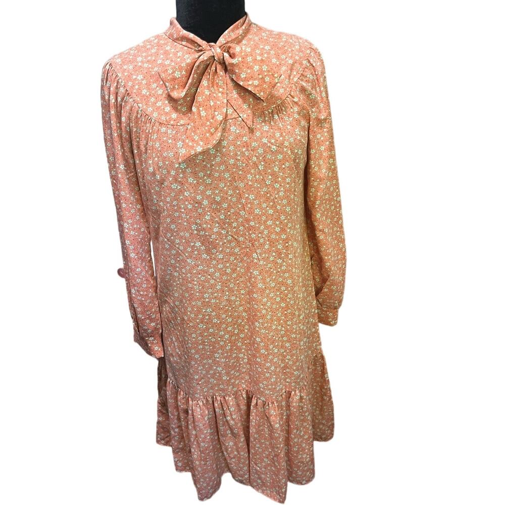Vintage 60s Peggy Barker Orange Floral Bow Prairie Drop Waist Dress Medium Large